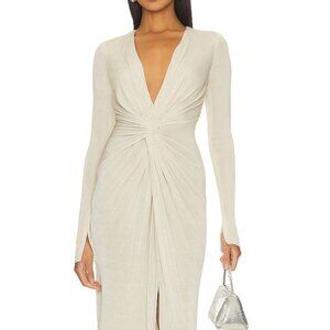Katie May Elegant Cream/champagne Plunge Long Sleeve Gown with Slit In a Mood XS